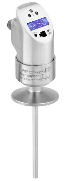 An Endress+Hauser stainless steel temperature sensor with display, showing '94.3'. Suitable for industrial applications.