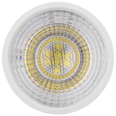 Close-up of an LED light with a ring-shaped arrangement. It shows the typical structures and colours of an LED lamp.