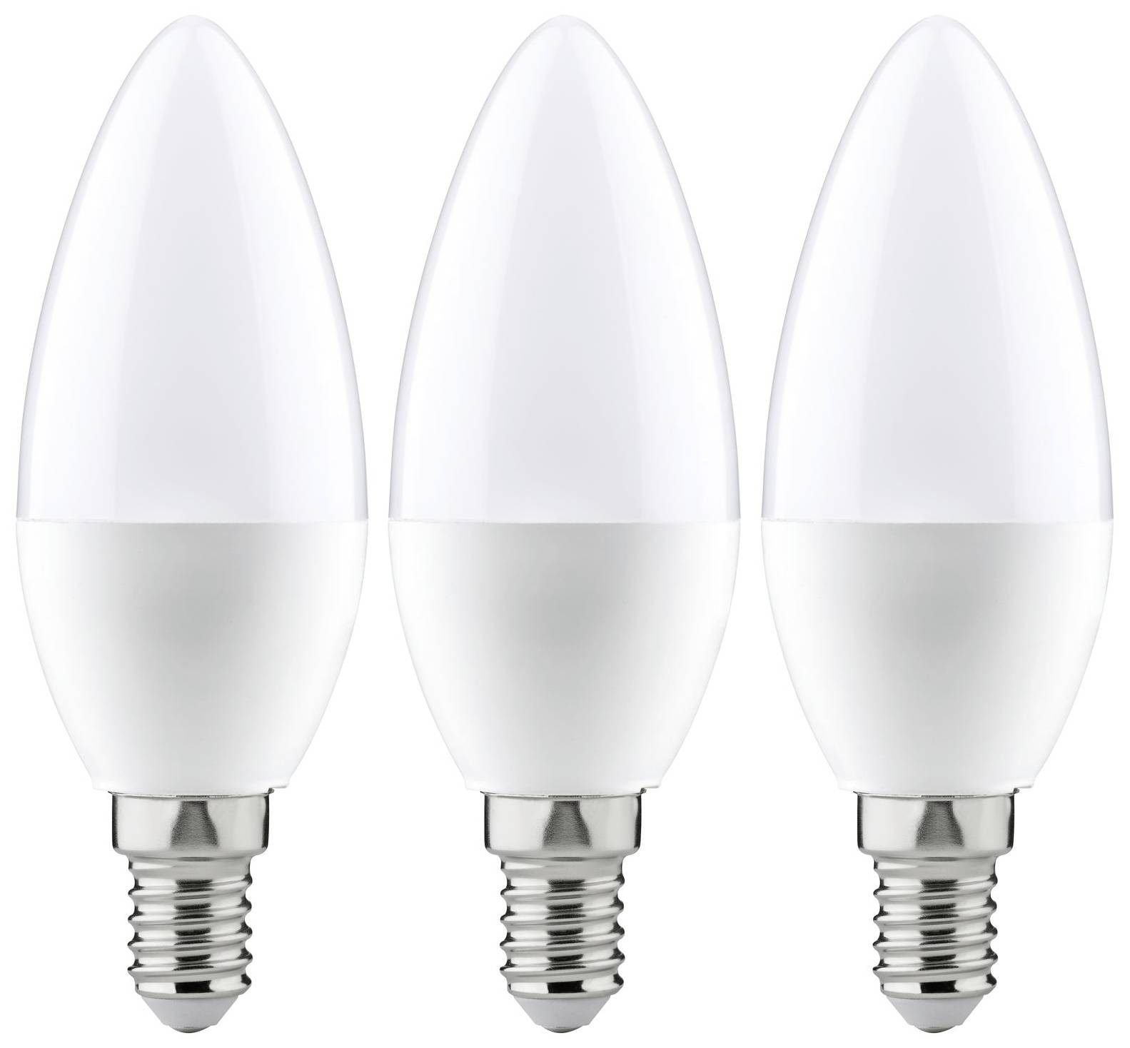 Three white LED candle bulbs, arranged side by side, suitable for E14 lamp holders, energy-efficient and contemporary.
