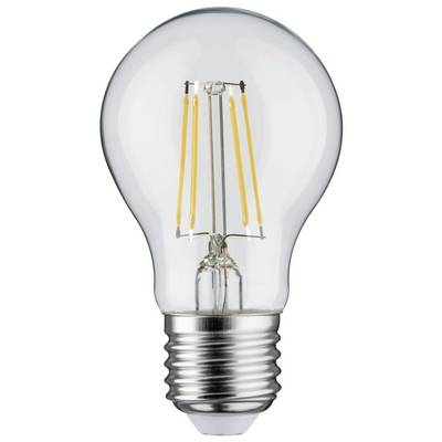 A transparent light bulb with visible filaments and a metal base against a white background.