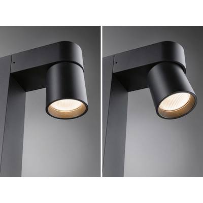 Two modern, black ceiling spotlights illuminate in different directions. They are designed in a minimalist style.
