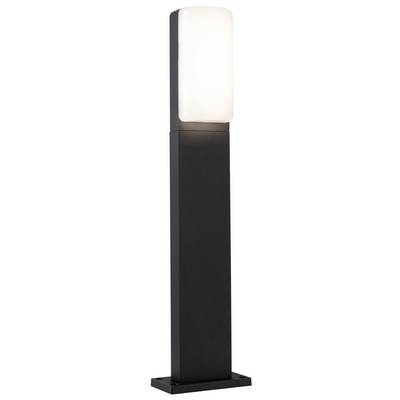 A modern, freestanding, black outdoor lamp with a rectangular base and an illuminated, white upper section.