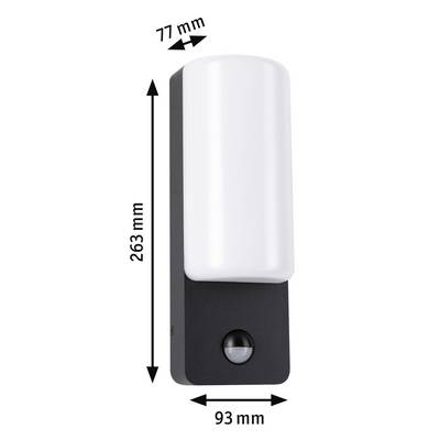 White outdoor wall light with integrated motion sensor, rectangular shape. Dimensions: 263 mm high, 93 mm wide, 77 mm deep.