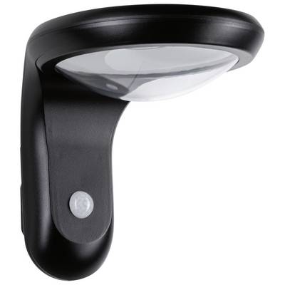 Black, wall-mounted exterior light with a curved, transparent light housing, suitable for illuminated outdoor areas.