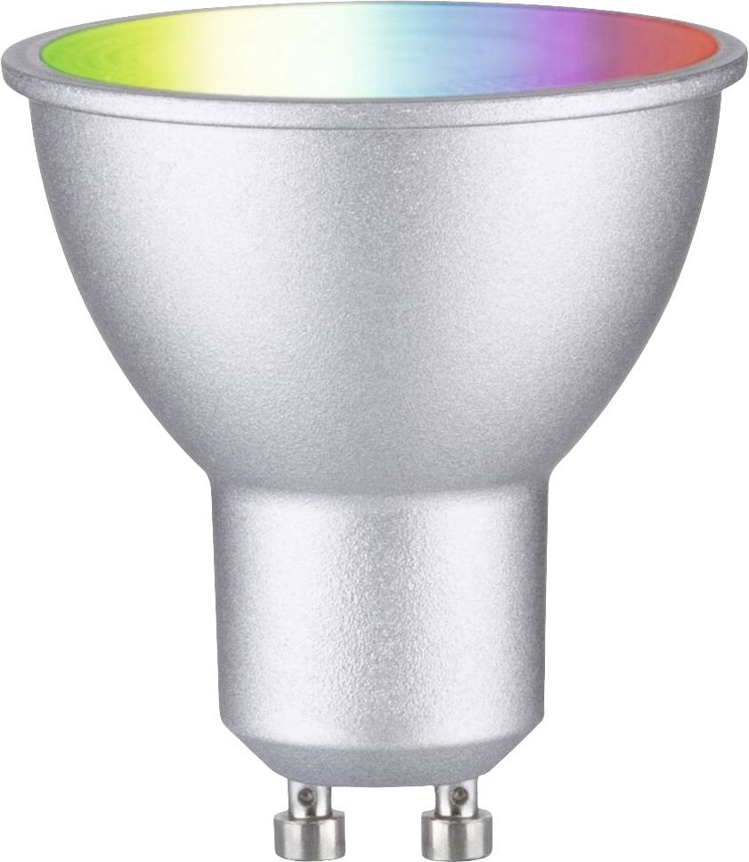 A silver LED spotlight with a GU10 base, which emits rainbow-coloured light from the top.