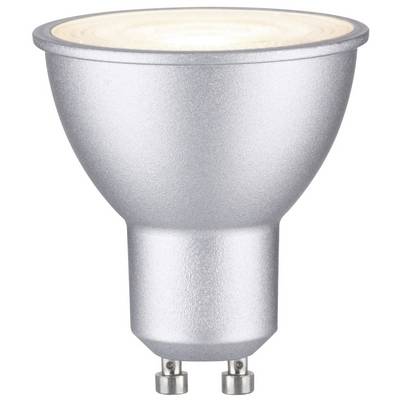 A silver GU10 LED lamp with two pins at the base. It emits warm light and has a slightly frosted surface.
