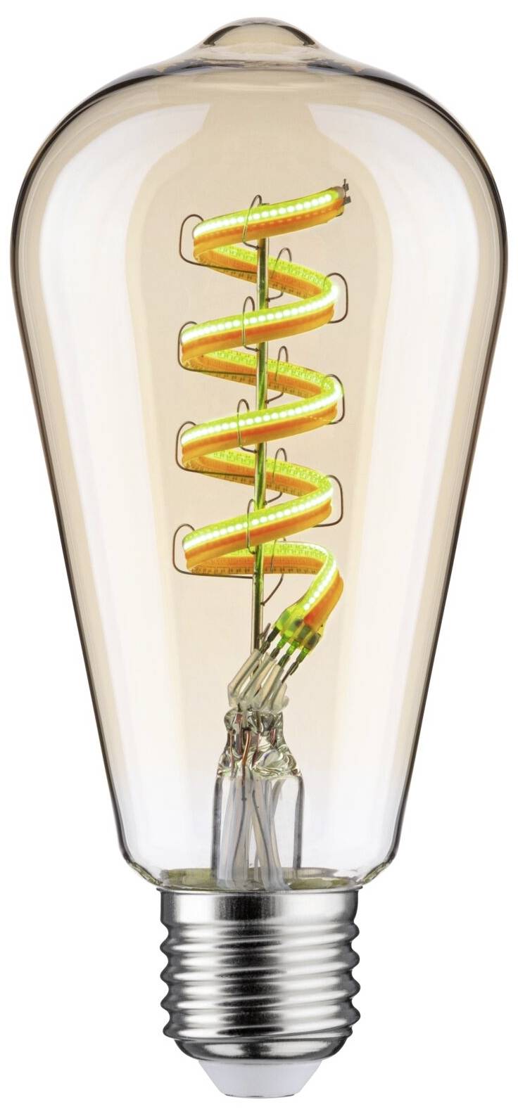 An Edison bulb with a visible, spiral-shaped LED filament. The bulb has a clear glass surface and a silver fitting.