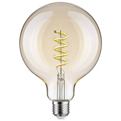 A round light bulb with a visible spiral filament is illuminated. Suitable for decorative lighting.