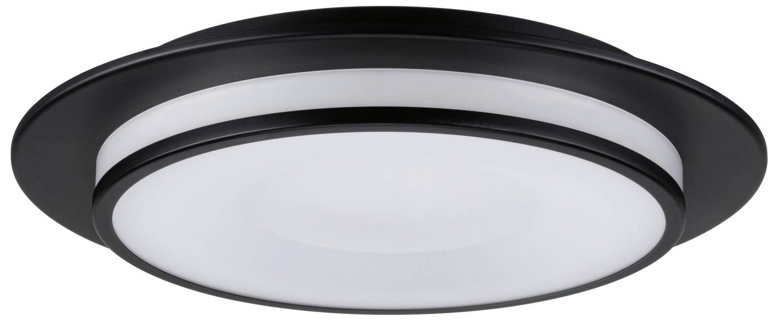 Black ceiling light with a round, modern design and white light. Perfect for contemporary living spaces.