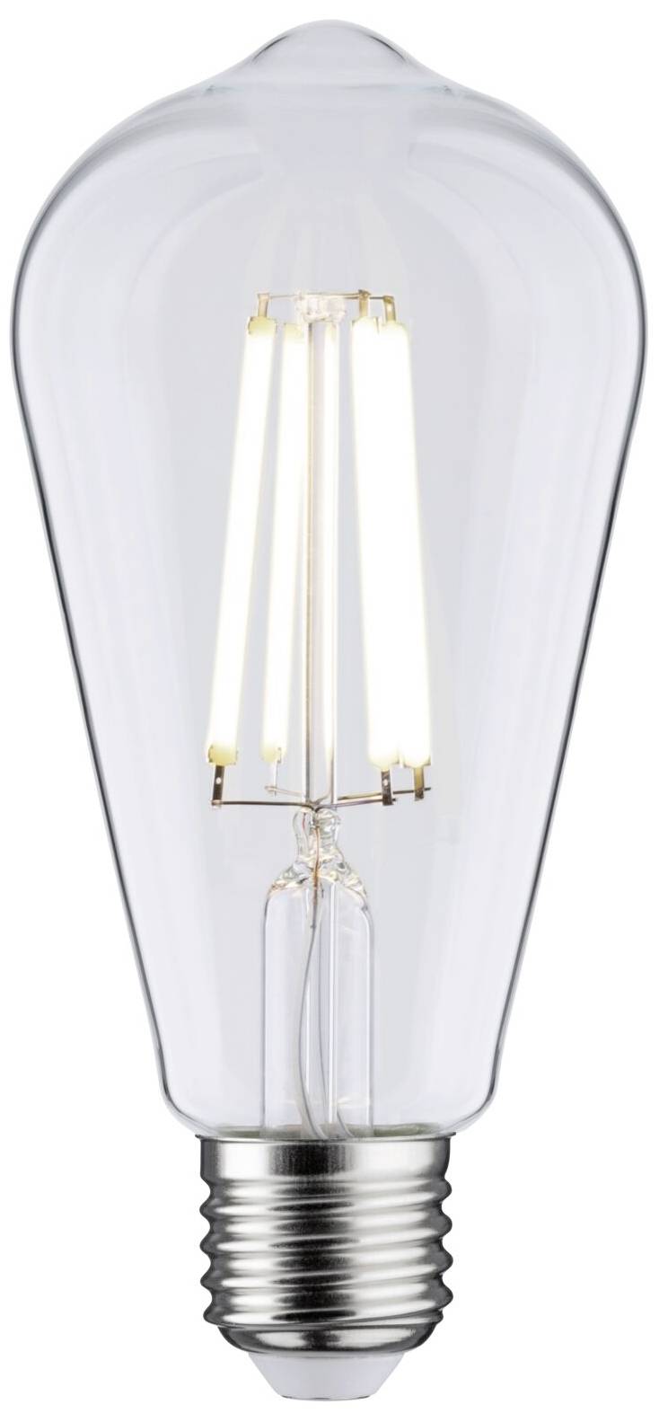 A transparent light bulb with visible filaments glows brightly against a neutral background.