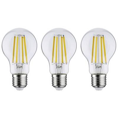 Three clear LED light bulbs side by side, each with a silver base and yellow filaments reminiscent of traditional incandescent bulbs.