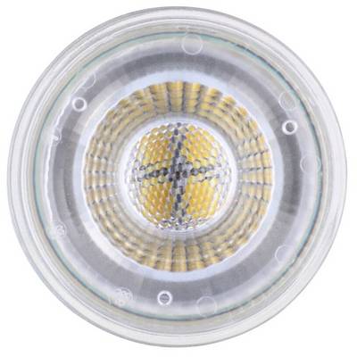 Close-up of an LED light bulb with visible yellow diodes in a transparent round casing.