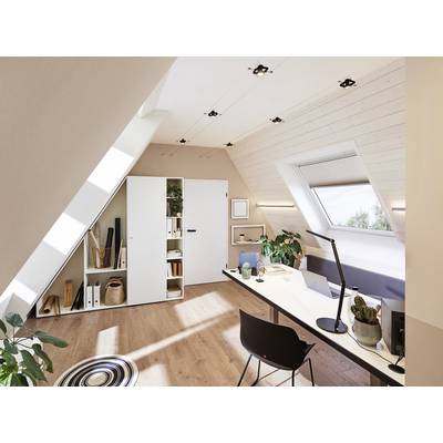 Bright home office in an attic with a white desk, black chair, plants and shelves, illuminated by a roof window.
