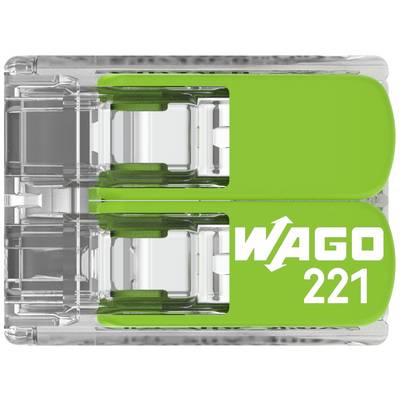A green WAGO 221 connection terminal block with transparent elements, used for safe and straightforward electrical connections.