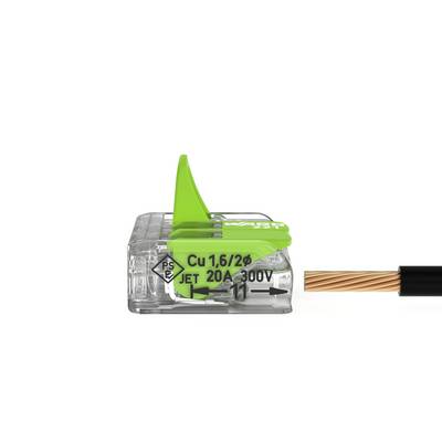 A transparent electrical connector with a green lever and copper wire, designed for cables ranging from 1.0 to 2.5 mm².