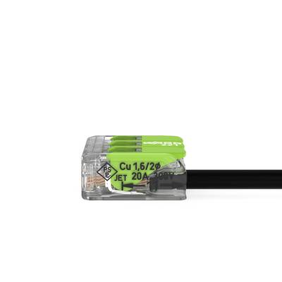 A transparent connecting cable with a green cap, labelled: 'Cu 1.6/2.0 JET 20A 450V'. Suitable for electrical installations.