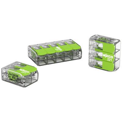 Three transparent green WAGO terminal blocks in different sizes for electrical installations.