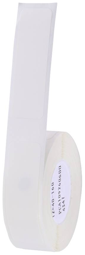 A roll of white labels arranged in a row. The labels are rectangular and appear to be adhesive.