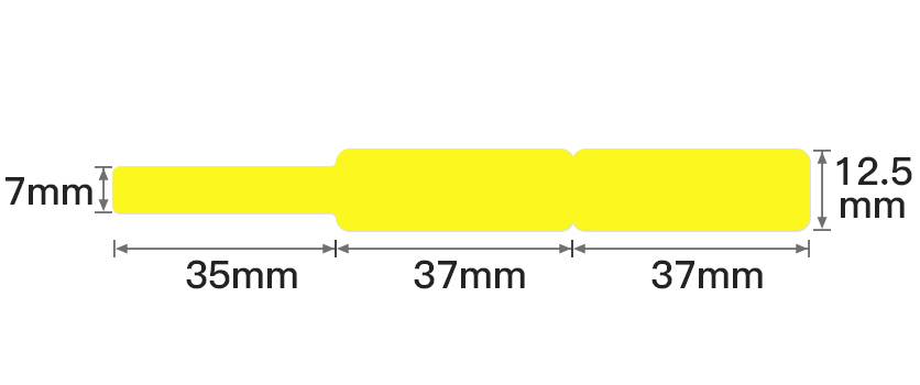 Yellow technical drawing shows a stepped object with dimensions: 35mm, 37mm, 37mm length, 7mm and 12.5mm height.