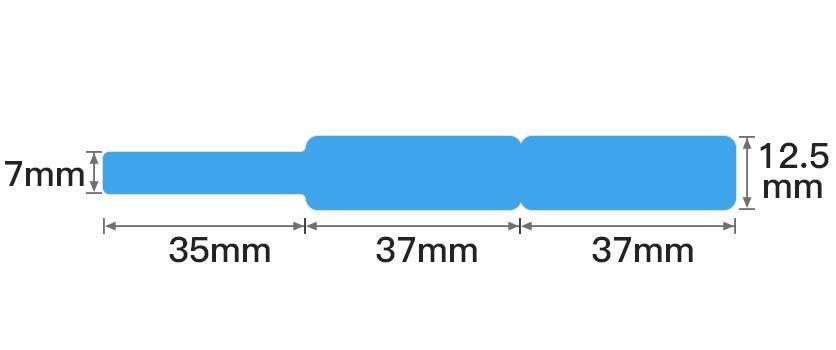 A blue shape shows a schematic representation with dimensions: height 7 mm, width 35 mm, 37 mm, 37 mm and height 12.5 mm.