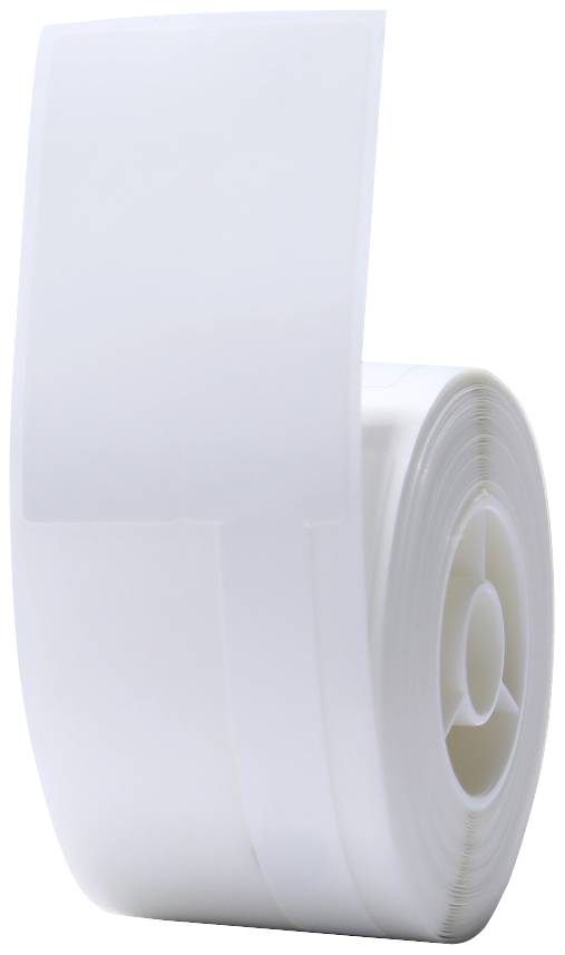 A roll of white adhesive label tape, standing vertically.