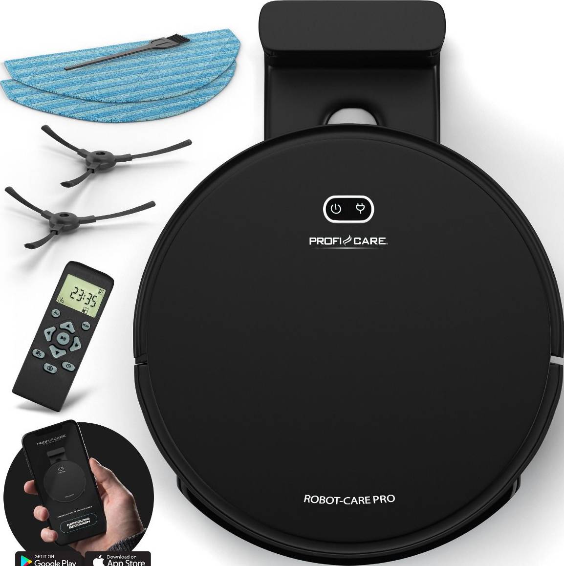 Robot vacuum cleaner with accessories: two cleaning brushes, a blue microfibre cloth, remote control, and smartphone control. Ideal for household cleaning.