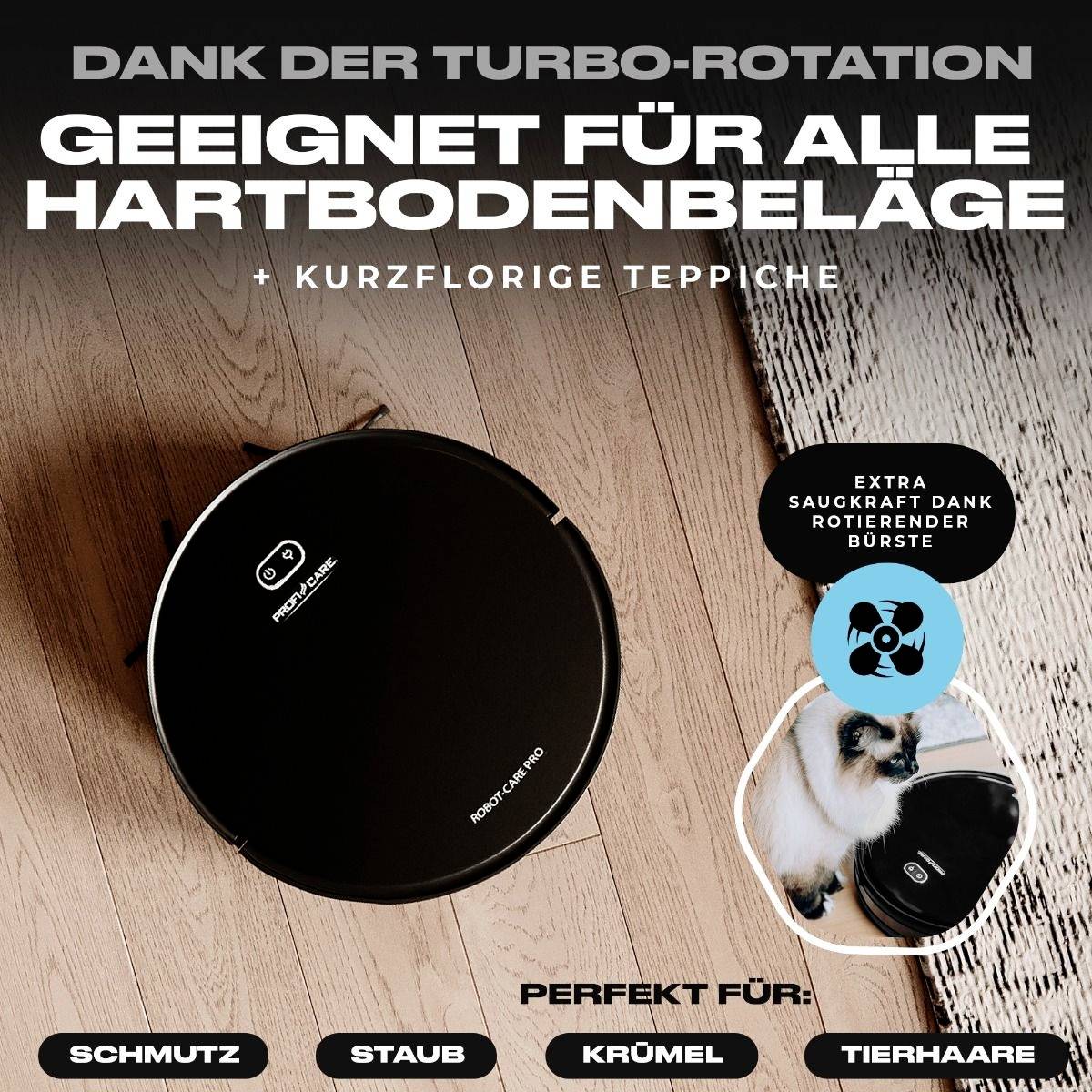 A black robot vacuum on a wooden floor, suitable for hard floors and short-pile carpets. Picks up dirt, dust, crumbs, and pet hair.