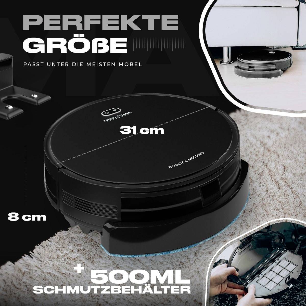 A black robot vacuum with a height of 8 cm and 31 cm diameter, which fits under furniture. Includes a 500 ml dust container.