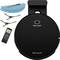 Black robotic vacuum cleaner with accessories, including a cleaning cloth, two brushes, and a remote control with display.