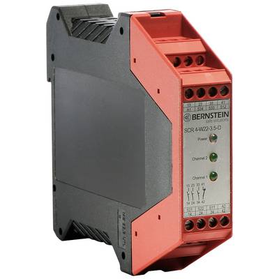 A safety relay device with three green indicator lights and multiple terminals, marked with 'BERNSTEIN' and model number 'SCR 4-W2-3-5-D'.