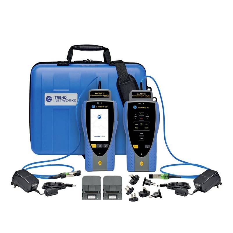 Device for cable connection testing with two measuring instruments, chargers, adapters and a blue carry bag from 'Trend Networks'.
