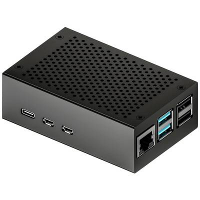 Black, perforated computer case with multiple USB ports and Ethernet port. Compact, rectangular and for technical applications.