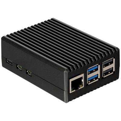 A black single-board computer with multiple USB ports, an Ethernet port, and a cooling fin design on the side.