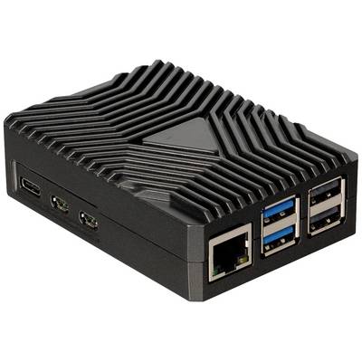 A black, ribbed, rectangular computer case shows multiple USB ports, an Ethernet port, and an HDMI port.