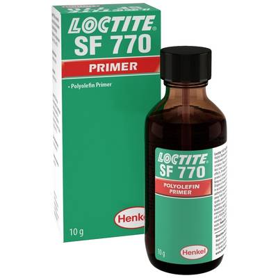 Bottle and packaging of 'LOCTITE SF 770', a polyolefin primer. Primarily used in plastics processing.