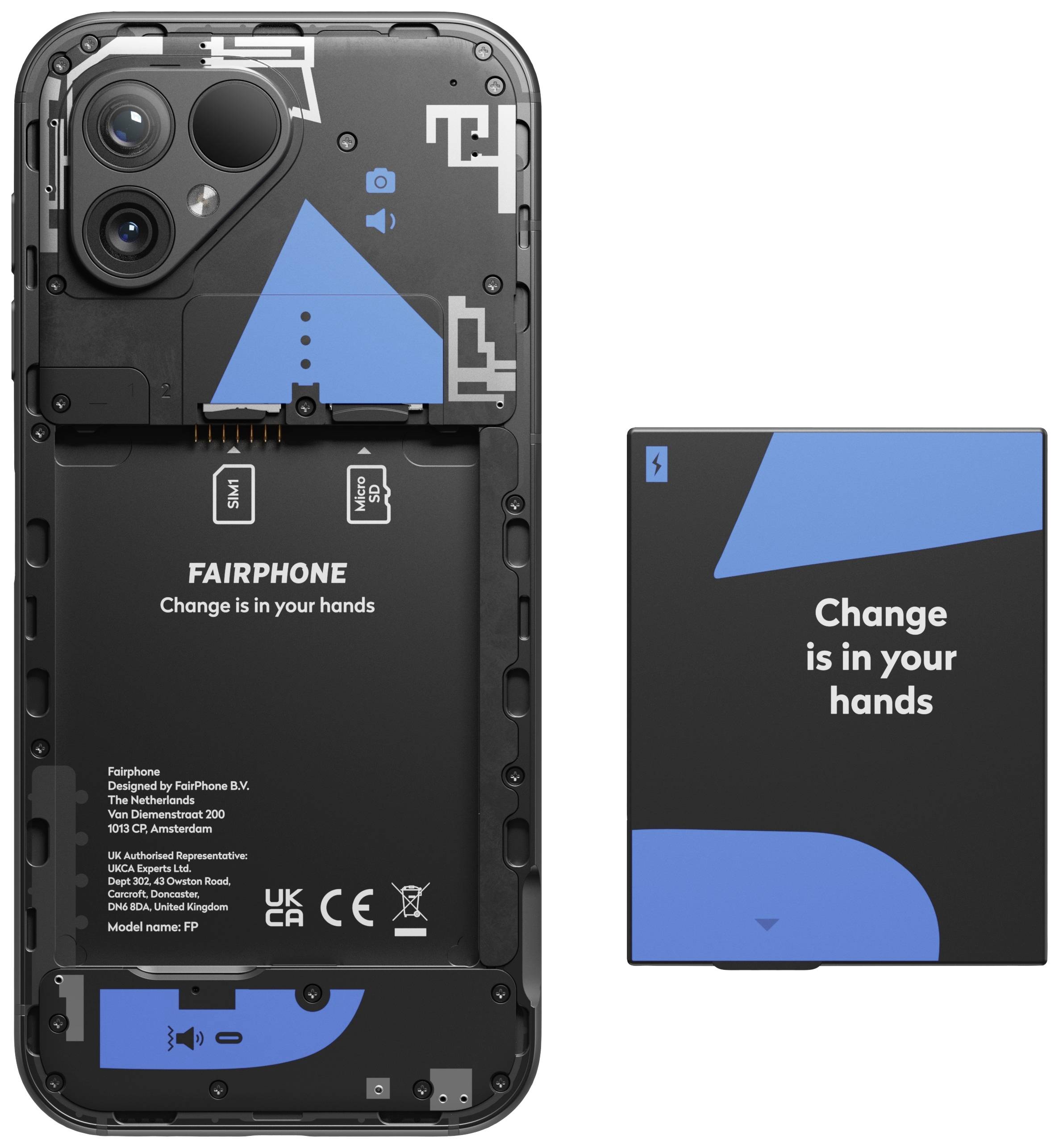 Smartphone with a removable back panel: shows battery with inscription 'Change is in your hands'. Emphasis on sustainability and modularity.