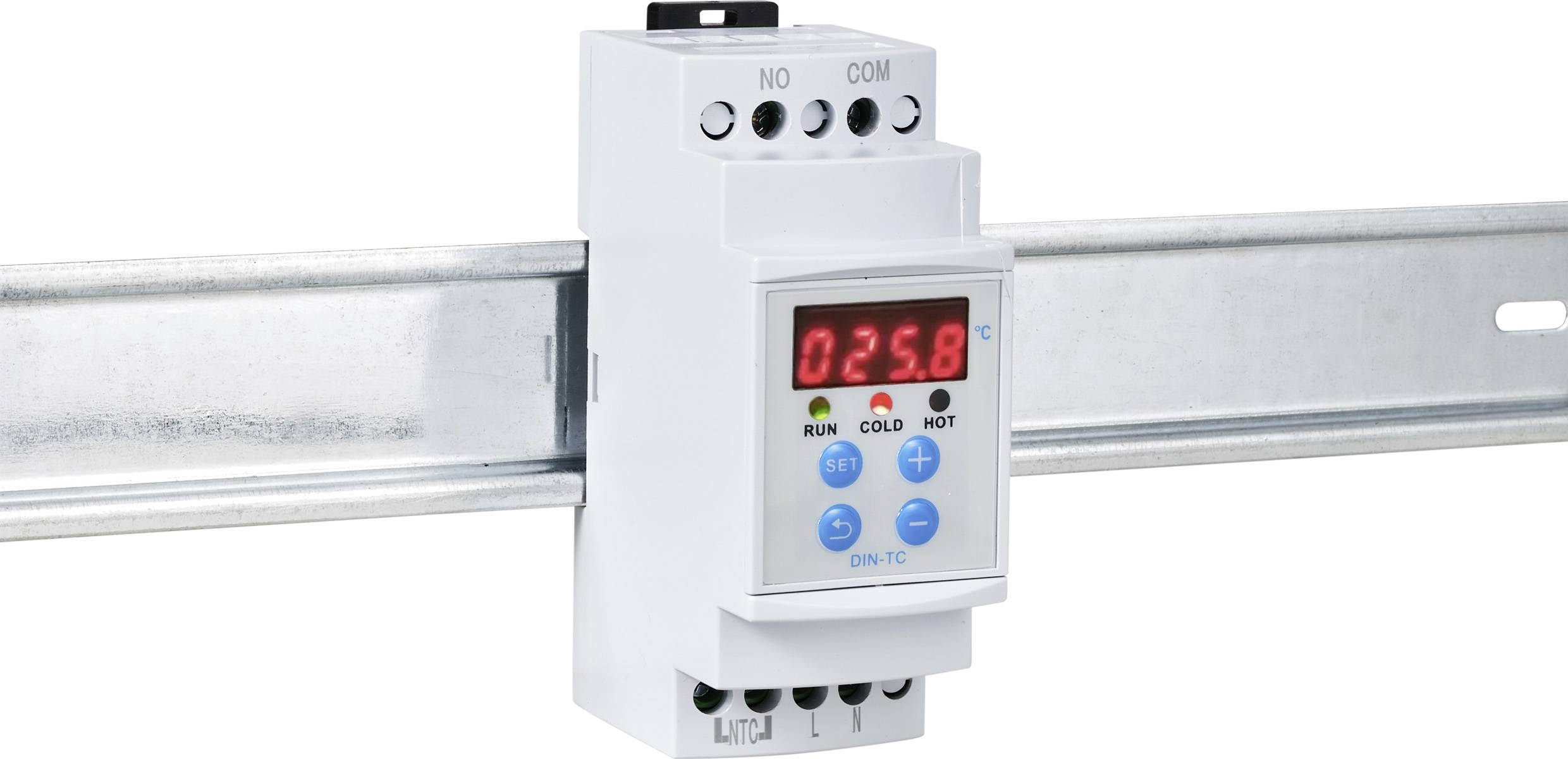 A digital temperature control device with a red LED display, showing '25.8°C', mounted on a metal rail.