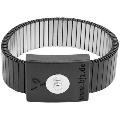 A black ESD wristband with metal strips and a press stud in the centre. On the front is the web address 'www.i bjz.de'.