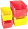Red and yellow stackable plastic containers that can be used for storage. They vary in size and shape.