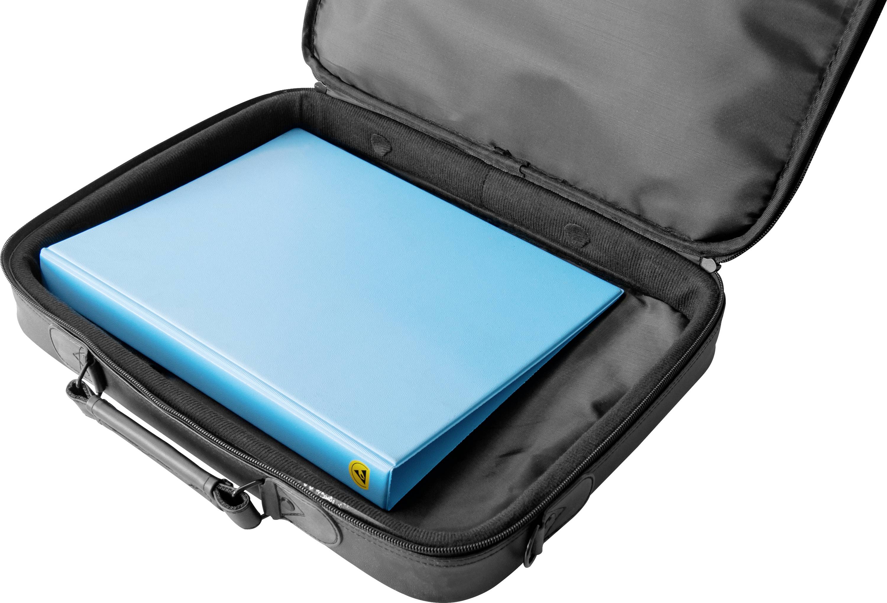 An open black briefcase with a blue folder inside. The folder has a small yellow symbol on its front.