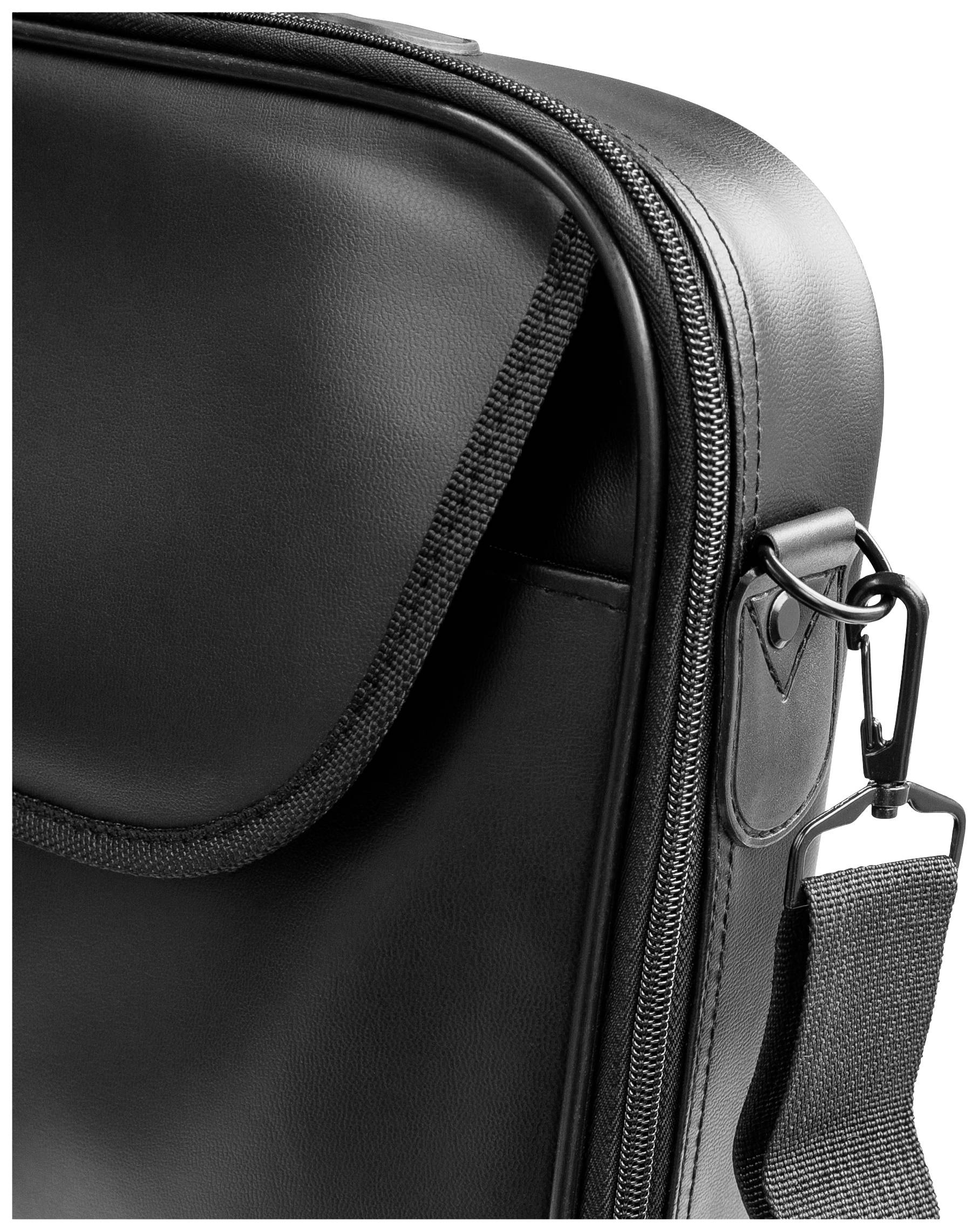 Black leather bag with zip fastener and adjustable shoulder strap. Flap pocket and metal hooks visible on the edge.