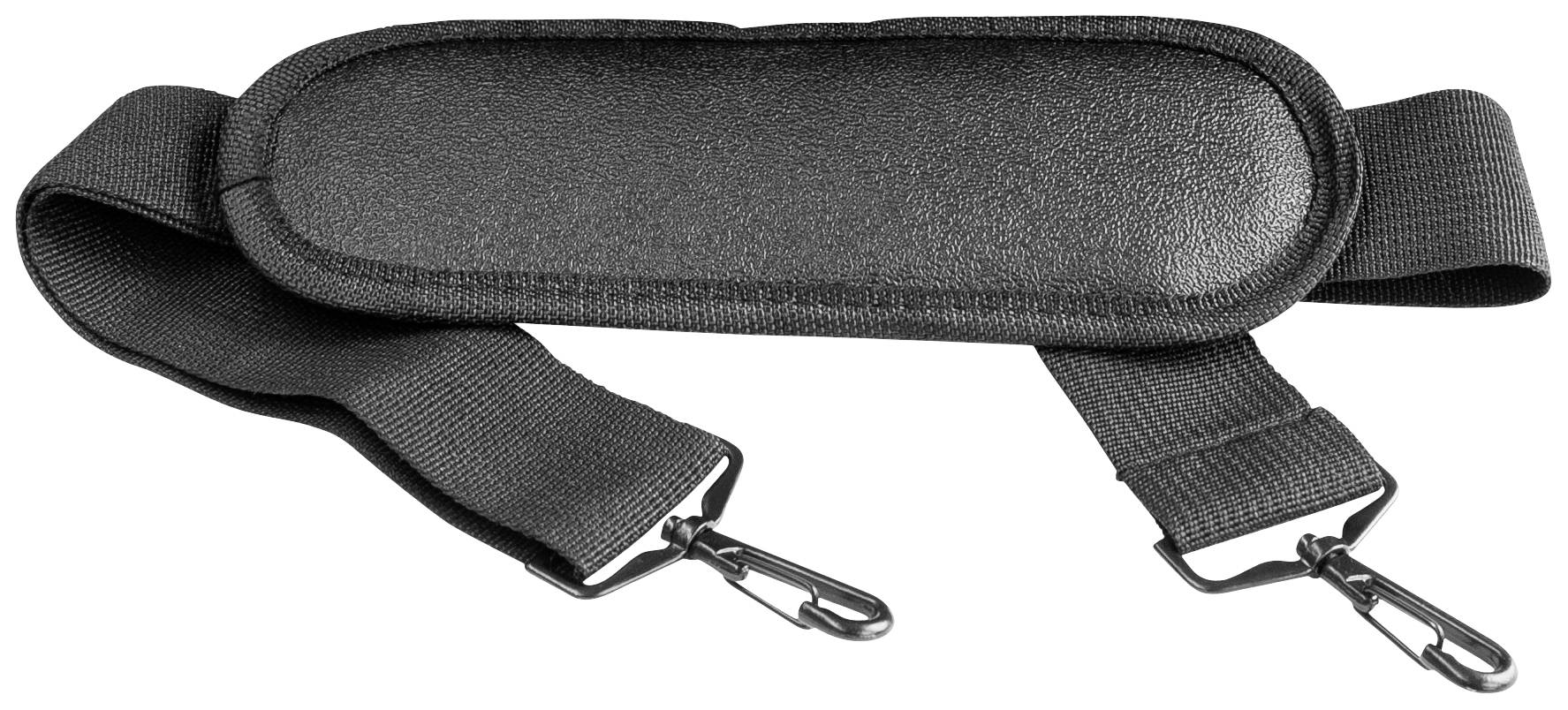 Black padded shoulder strap with carabiner hooks at both ends, suitable for bags or rucksacks.