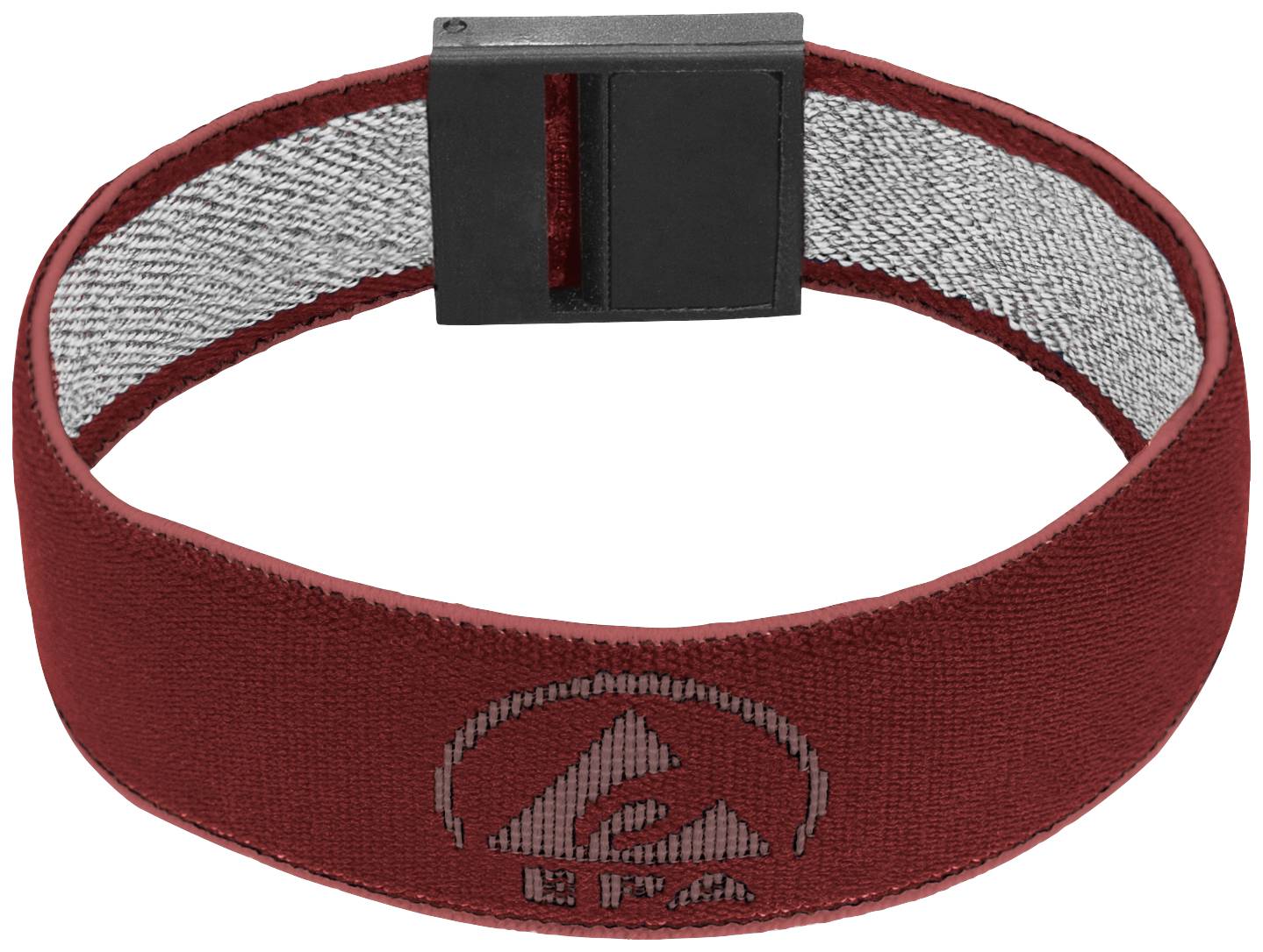A red wristband with a black buckle. It features an embroidered logo. The interior of the band is grey.