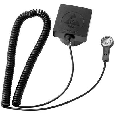 An electrical device with a long, spiral-shaped cable and a round metal surface, possibly an earthing (or grounding) wristband, against a white background.