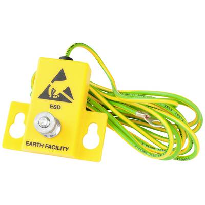 Yellow ESD earthing device with warning symbol and green cables, used to prevent electrostatic discharge on technical equipment.