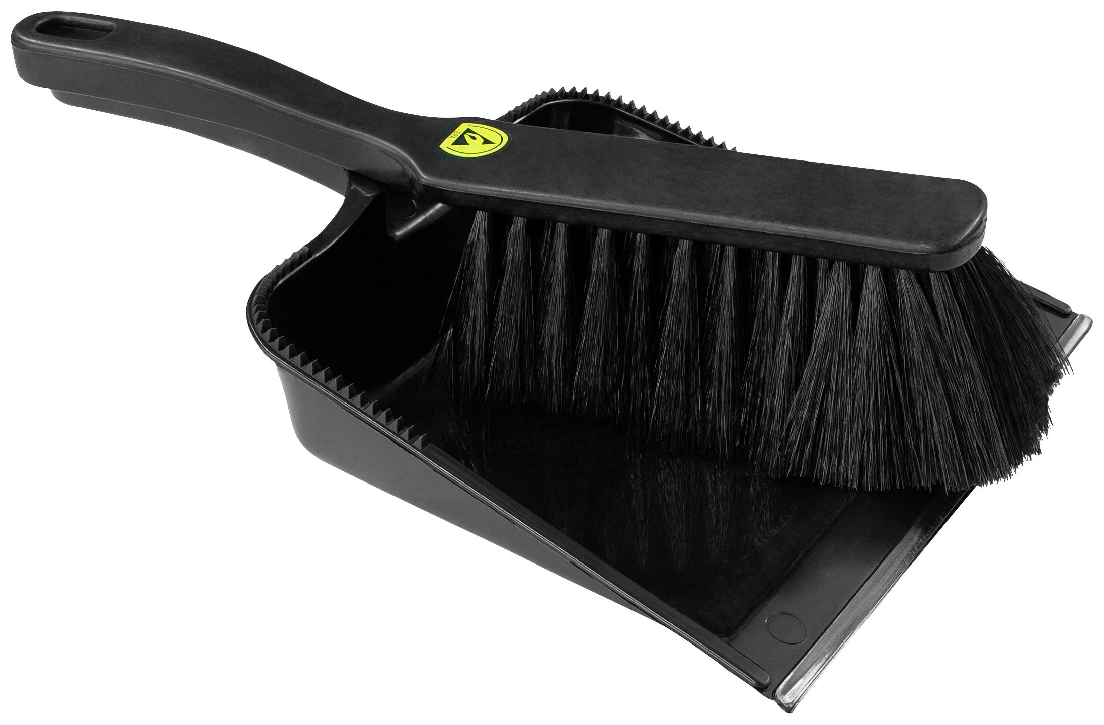A black dustpan and brush set with plastic bristles and an ergonomic handle. Ideal for cleaning surfaces.