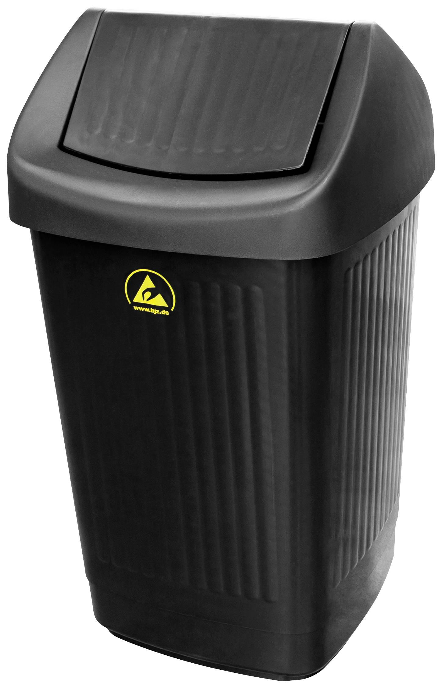 A black dustbin with a lid, vertical grooves, and a yellow recycling symbol on the front.