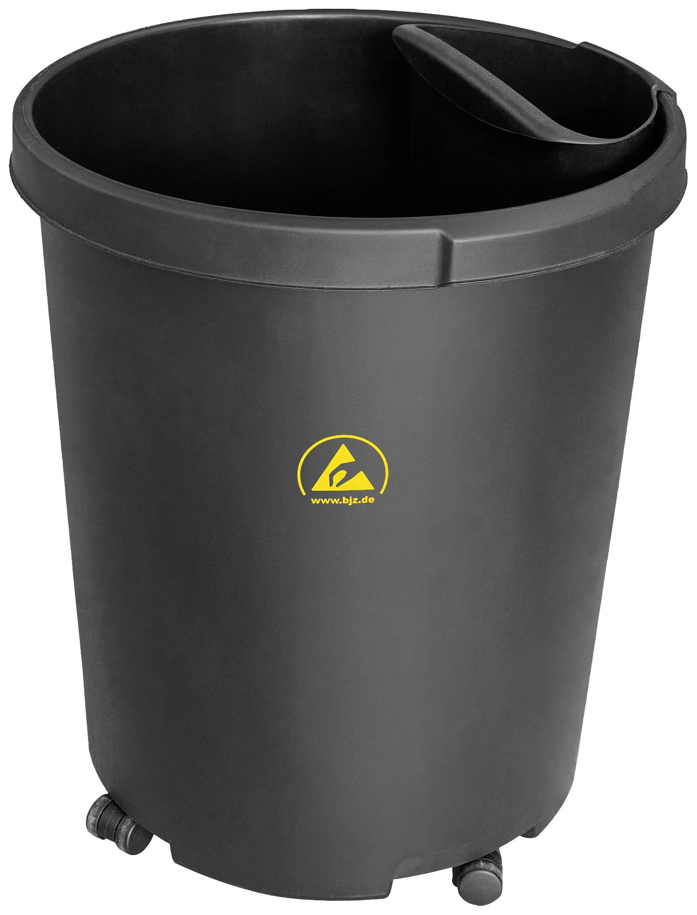 A large, black wheelie bin with a yellow logo in the centre.