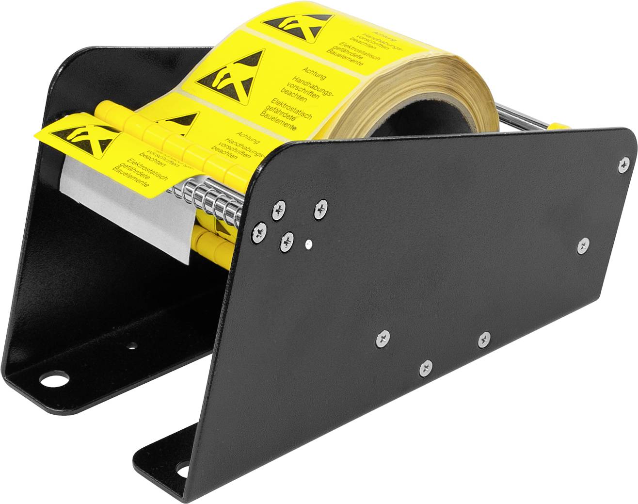 A label dispenser with yellow warning labels featuring a warning symbol. The dispenser is designed for easy label removal.