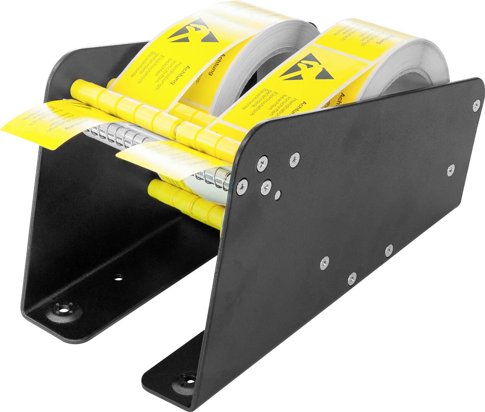 A black label dispenser with two rolls of yellow warning labels.